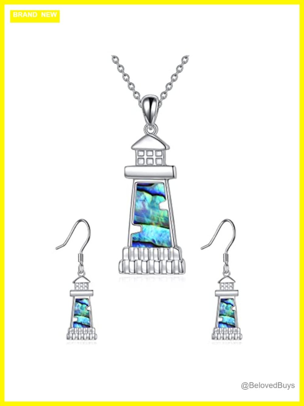 Sterling Silver Lighthouse Necklace Earring Set Abalone Shell Jewelry Gift